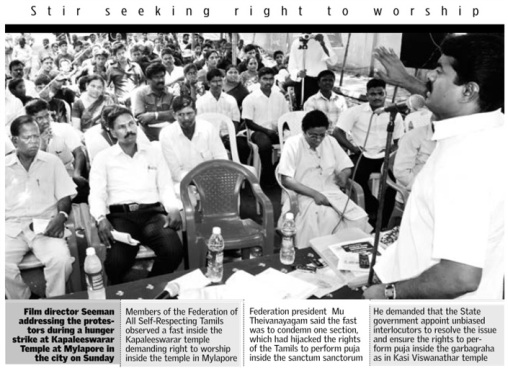 Seeman addressing Christian protesters at the Kapali Temple
