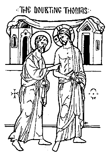 Doubting Thomas with his finger in Jesus's side wound.