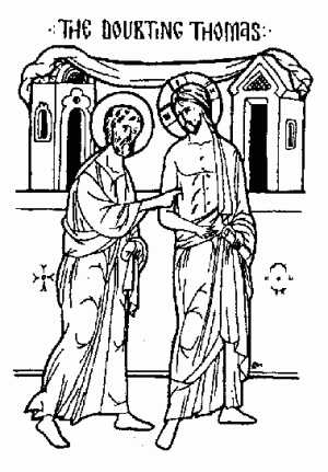 Doubting Thomas with his finger in Jesus's side wound.