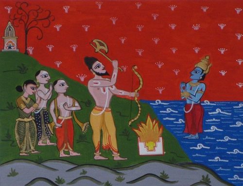Lord Parshuram with Brahmin settlers commanding Lord Varuna to make the seas recede to make the Konkan.