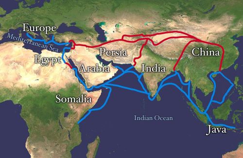 Ancient silk road route and water route to India from Rome