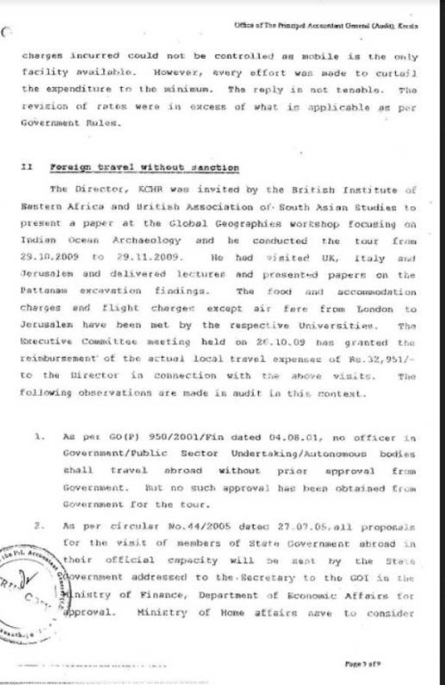 AG's report on Cherian's foreign tour conducted without government approval.