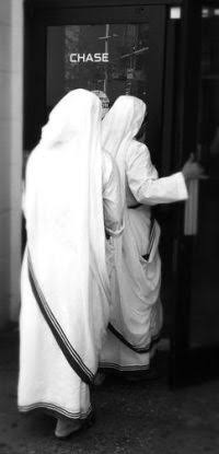 Missionaries of Charity nuns enter Chase Bank in Manhattan. There was so much money and so many bank accounts, nobody knew where all the accounts were actually kept. A lot of money was donated to the Vatican as Peter's Pence, though in fact it was tax-free money meant for Indians. Missionaries of Charity nuns enter Chase Bank in Manhattan. There was so much money and so many bank accounts, nobody knew where it was actually kept. A lot was donated to the Vatican of course, as Peter's Pence, though it was tax-free Indian money.