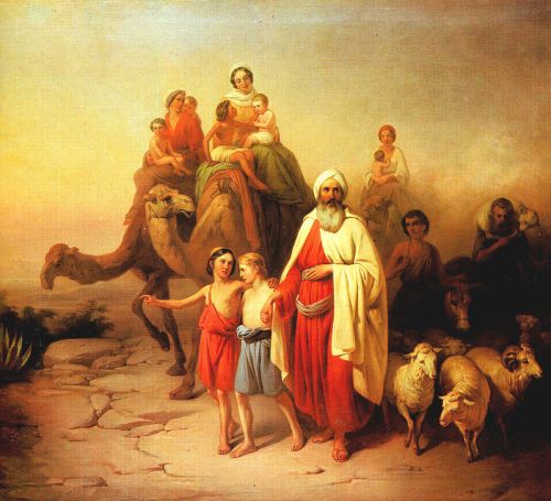 Abraham with sons Ishmael and Isaac en route to Canaan from Ur.