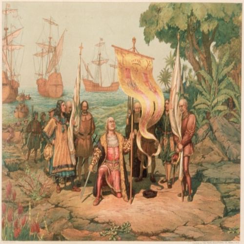 Columbus lands on the island of Guanahani (San Salvador) on 12 October 1492.