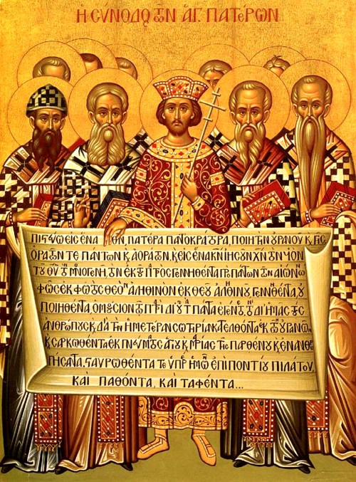 Icon depicting Emperor Constantine I, accompanied by the bishops of the First Council of Nicaea (325), holding the Niceno-Constantinopolitan Creed of 381. First line of main text in Greek: Πιστεύω εἰς ἕνα Θ[εό]ν, πατέρα παντοκράτορα, ποιητὴν οὐρανοῦ κ[αὶ] γῆς,. Translation: "I believe in one God, the Father the Almighty, Maker of heaven and earth."