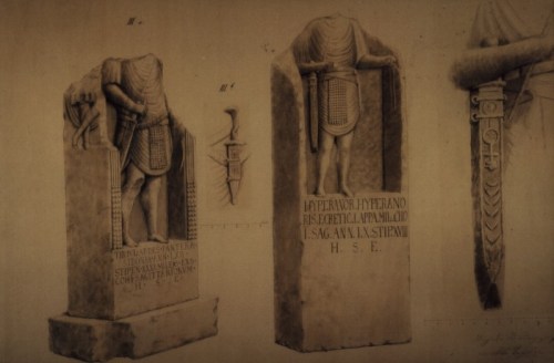 Roman tombstones in Bingerbrück, Germany. Tiberius Julius Abdes Pantera's is on the left.