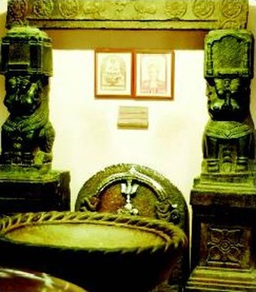 Temple pillars displayed in the San Thome Cathedral Museum, Chennai.