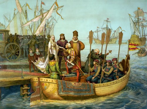 Christopher Columbus taking leave of Queen Isabella of Spain on departure for the New World (1492).